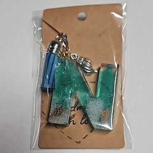 🟠Green Resin Letter Keychain with Blue Tassel🟠